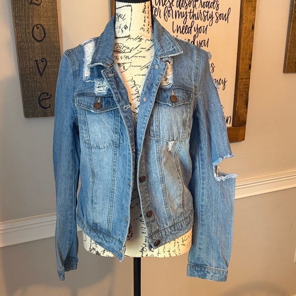 Forever 21 Light Blue Distressed Jean Jacket